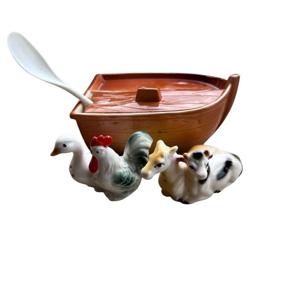 Vintage Enesco Noah’s Ark Sugar Bowl With Animal Salt & Pepper Shakers